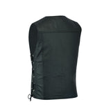 Back view of leather vest with side laces and large panels.