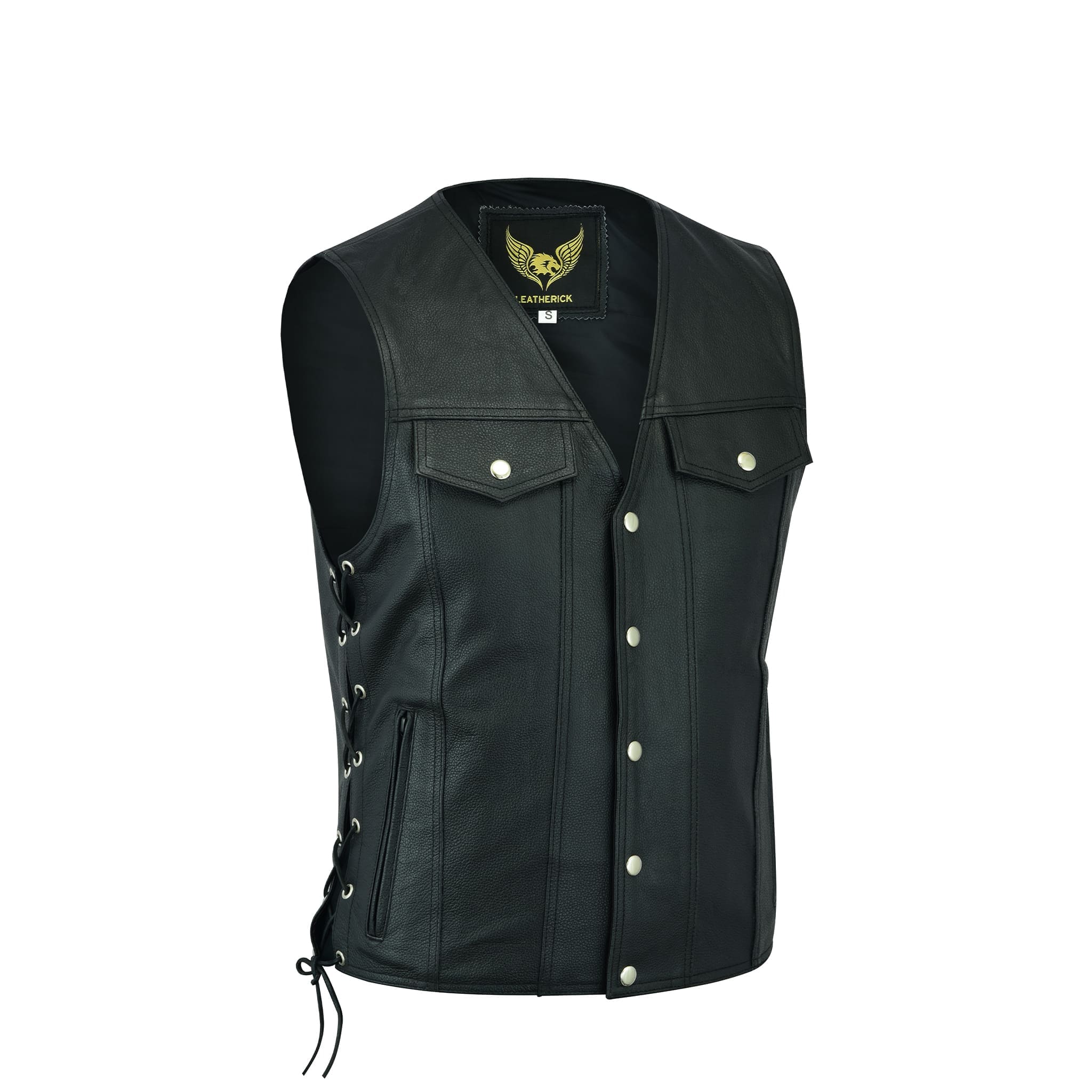 Men’s leather vest with side laces and snap buttons, front view.