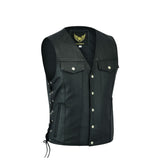 Men’s leather vest with side laces and snap buttons, front view.