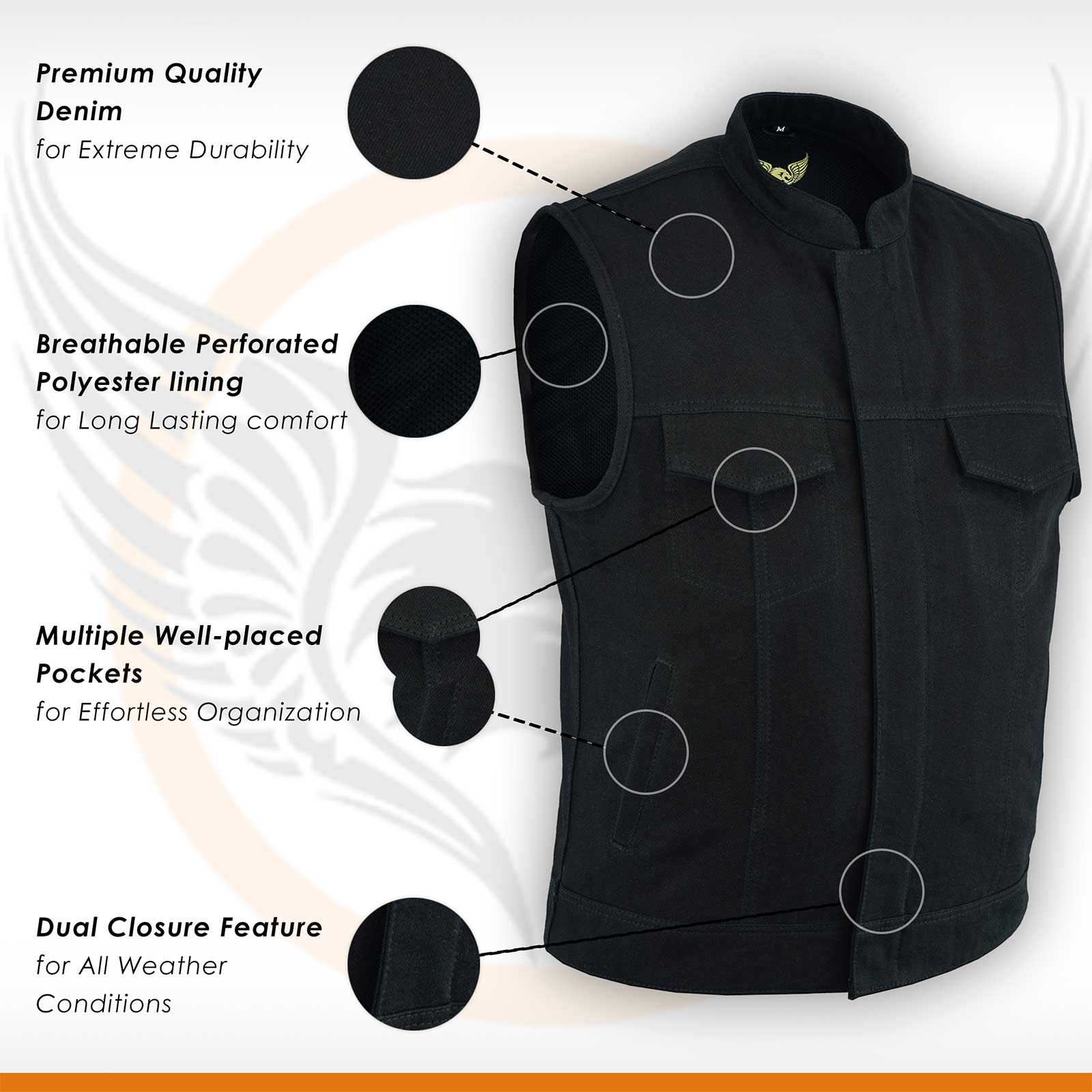 Infographic detailing features of US SOA Denim 02 Waistcoat S, including fabric, hardware, and pocket design.