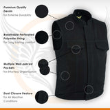Infographic detailing features of US SOA Denim 02 Waistcoat S, including fabric, hardware, and pocket design.