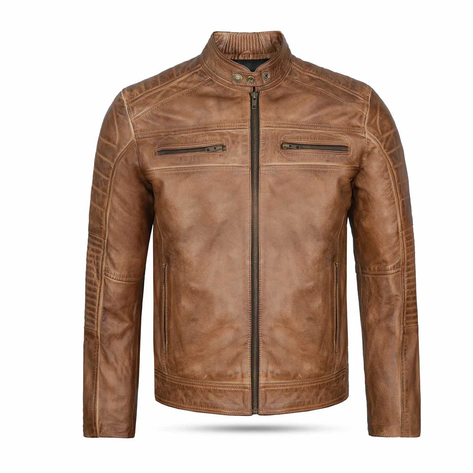 Front view of the cowhide leather jacket featuring YKK zippers, antique brass hardware, and quilted detailing for a stylish, durable look