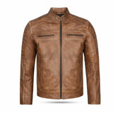 Front view of the cowhide leather jacket featuring YKK zippers, antique brass hardware, and quilted detailing for a stylish, durable look