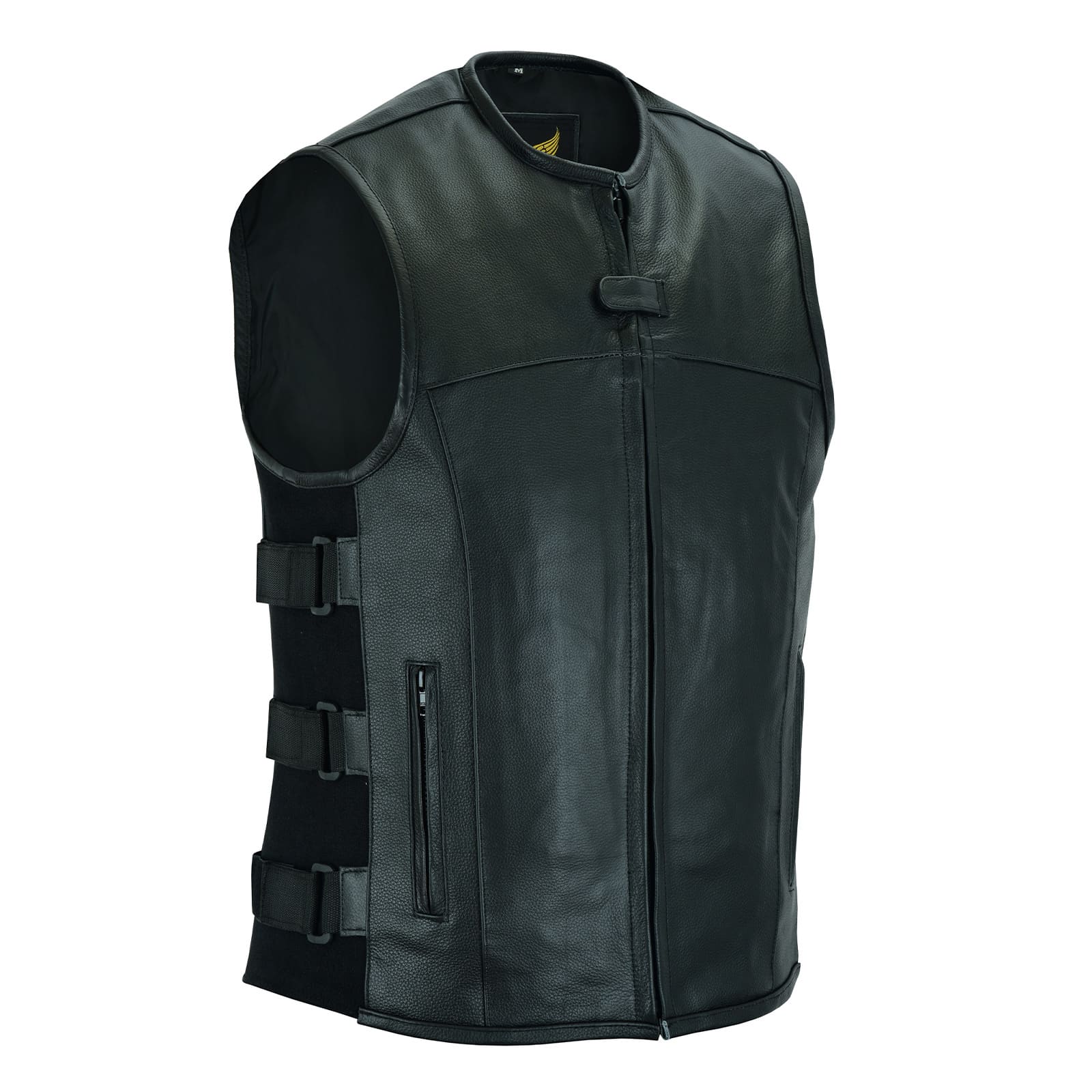 Side view of US SWAT milled leather vest highlighting size adjustment Velcro straps.