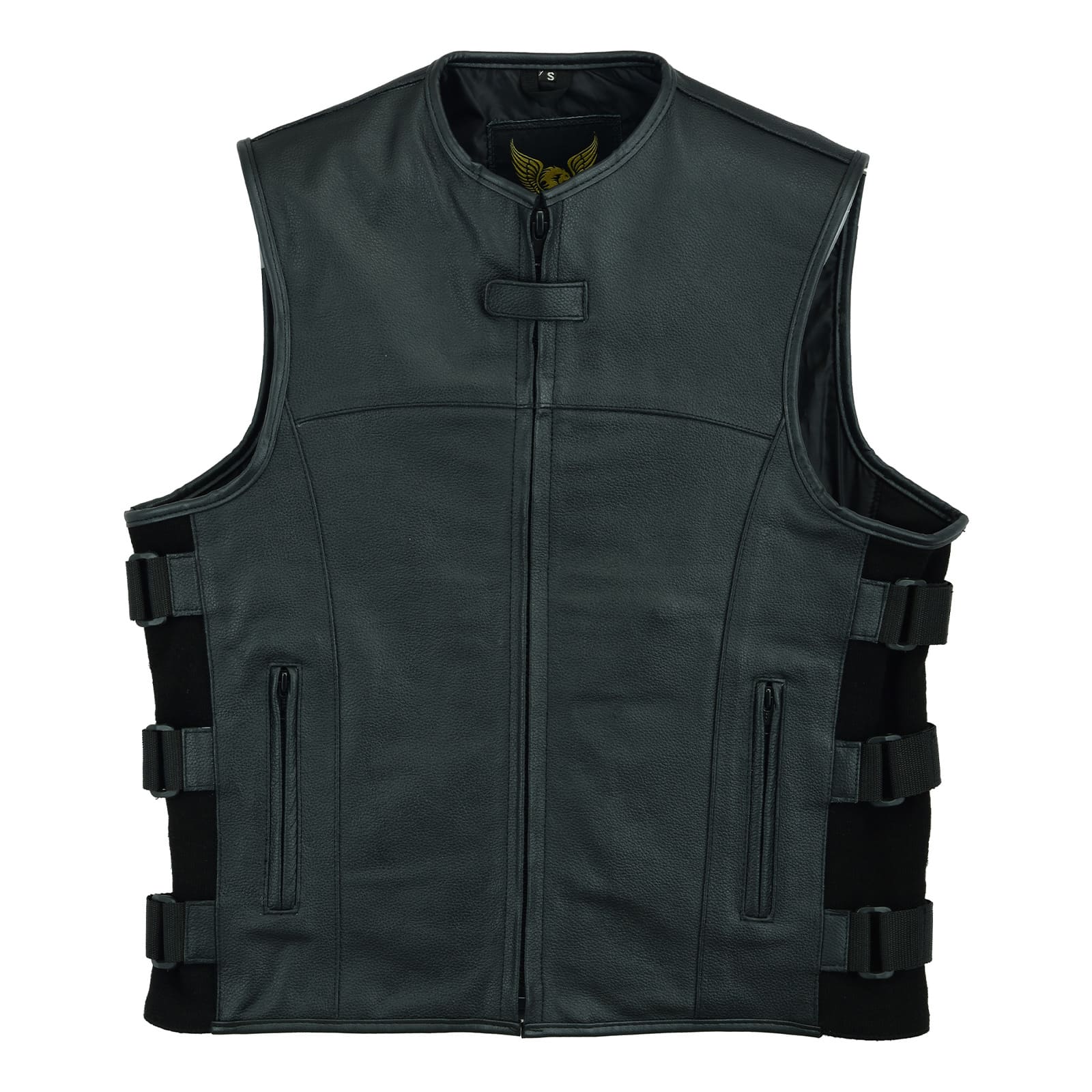 Angled side view of US SWAT leather vest showcasing its durable stitching and side straps