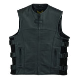 Angled side view of US SWAT leather vest showcasing its durable stitching and side straps