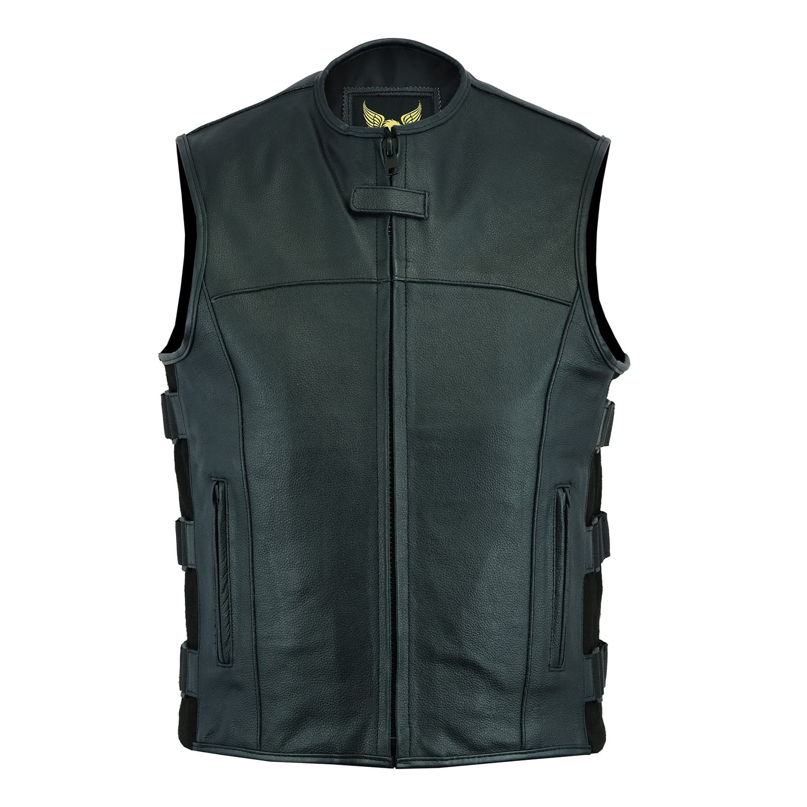 US SWAT milled leather vest front view with YKK zipper closure and Velcro side straps.