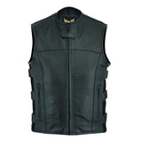 US SWAT milled leather vest front view with YKK zipper closure and Velcro side straps.