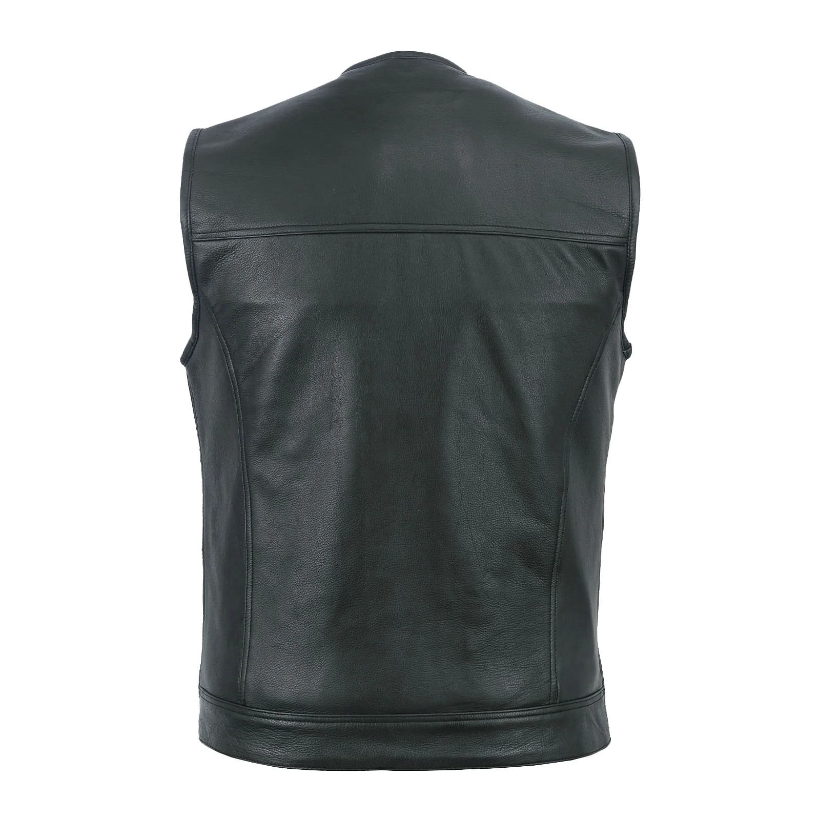Back view of men’s leather vest with four large back panels and smooth finish.