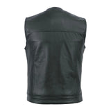 Back view of men’s leather vest with four large back panels and smooth finish.