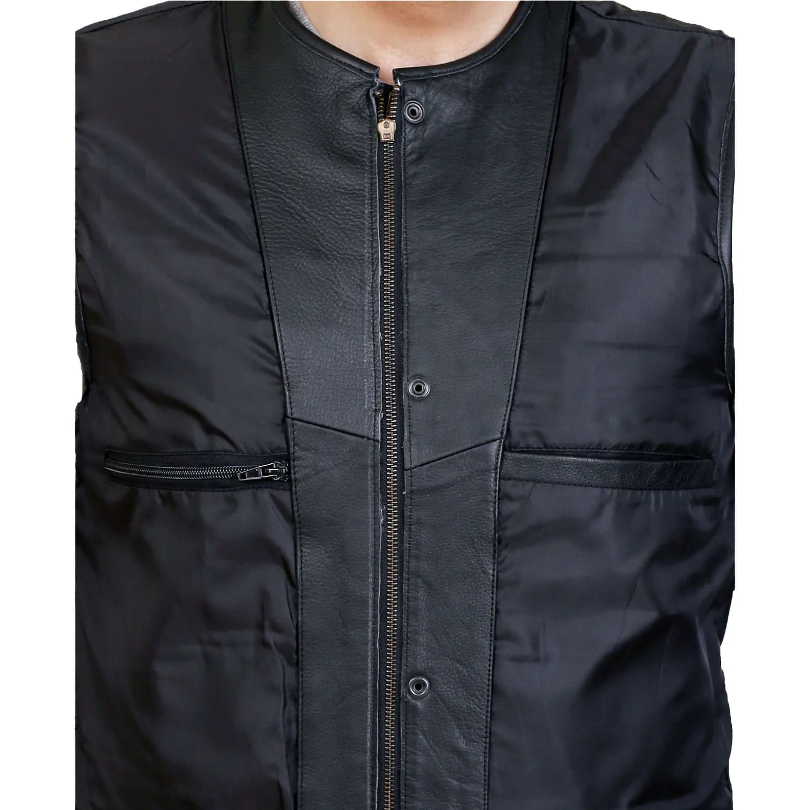 Inner wired zipper pocket with durable polyester lining inside leather vest