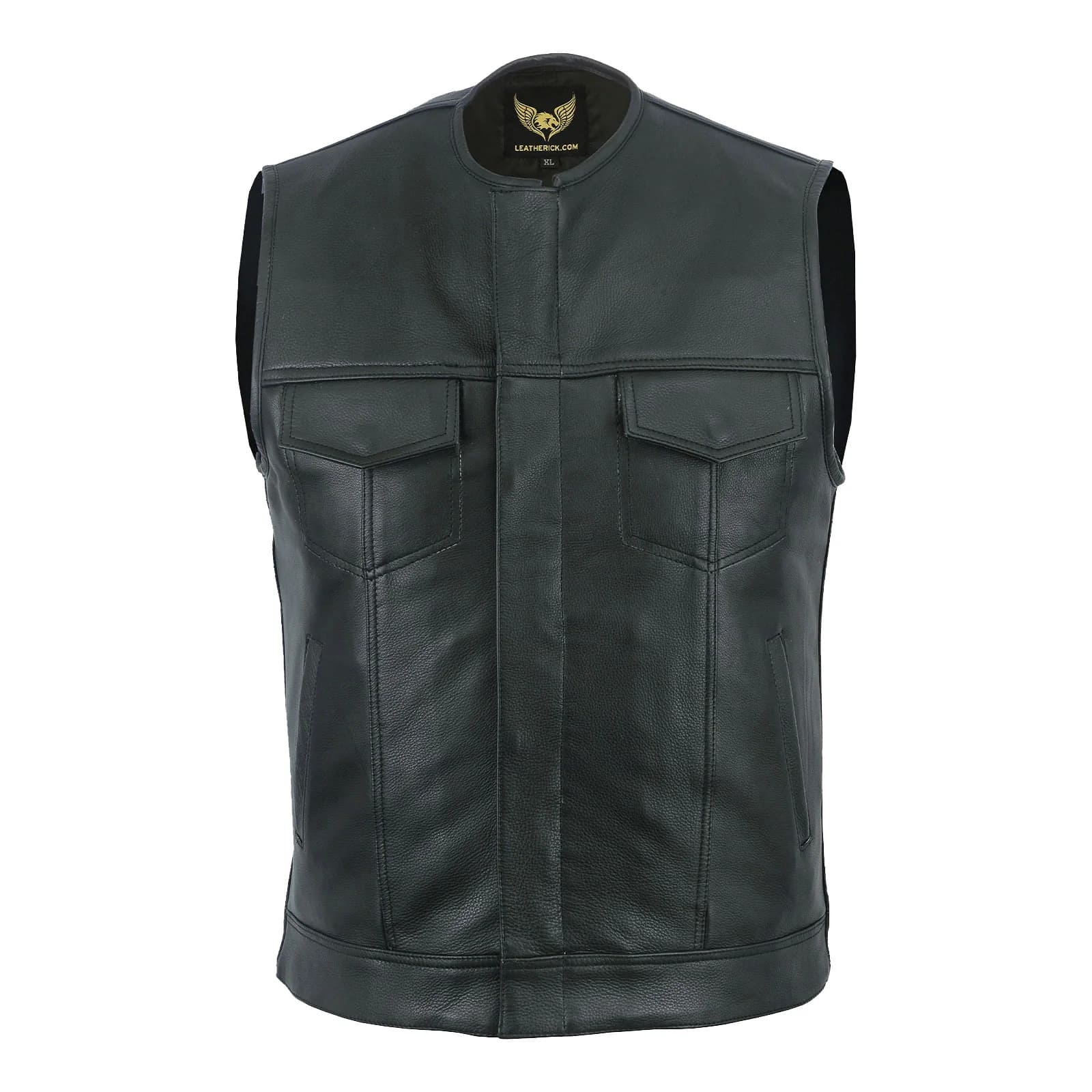 Men’s collarless cow leather waistcoat with brass snaps and zipper, front view.