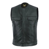Men’s collarless cow leather waistcoat with brass snaps and zipper, front view.