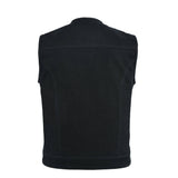 Back view of men’s denim vest with breathable mesh lining and large panels.