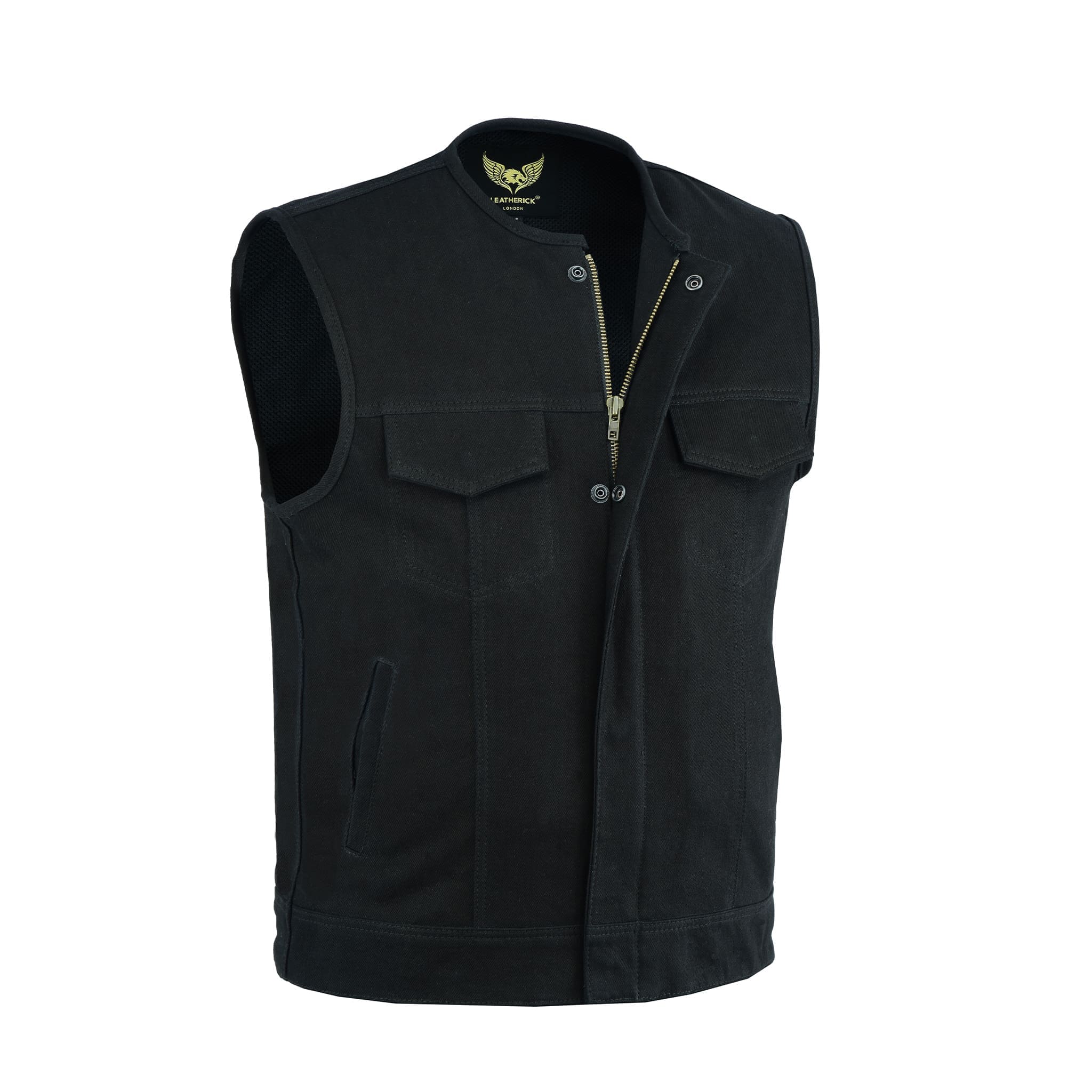 Men’s collarless denim vest with front brass zipper and black snaps, front view.