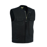 Men’s collarless denim vest with front brass zipper and black snaps, front view.