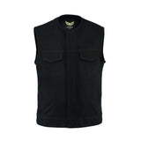 Front view of men’s denim vest with breathable mesh lining and large panels.