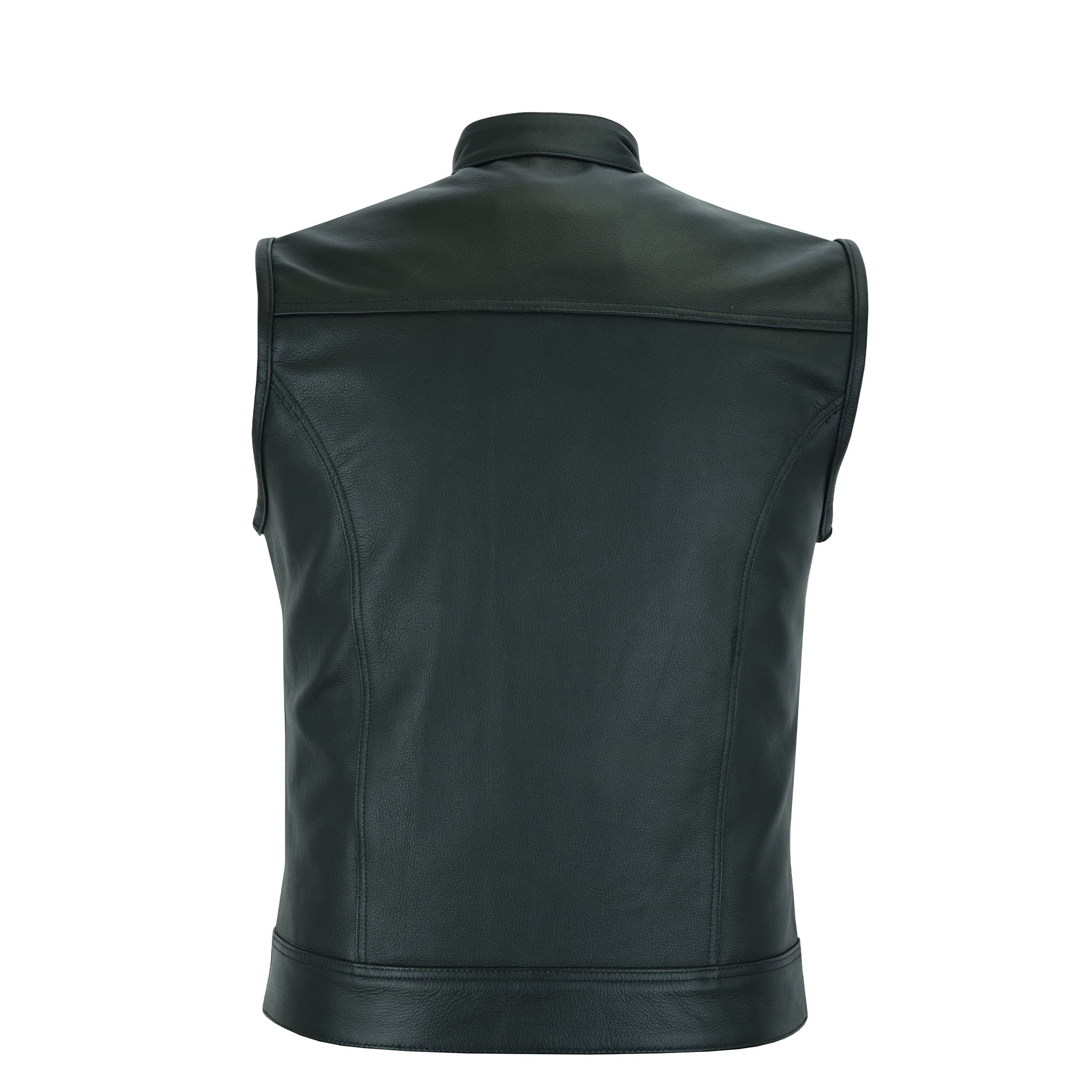Back view of men’s leather waistcoat with large back panel design