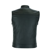 Back view of men’s leather waistcoat with large back panel design