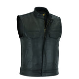Front View of Men’s USA SOA Milled Leather Waistcoat with brass snap buttons and YKK brass zipper front closure.