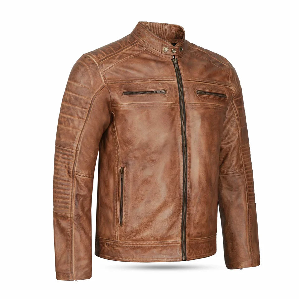 Men’s cowhide leather jacket with YKK zippers and antique brass hardware, offering a stylish and durable design