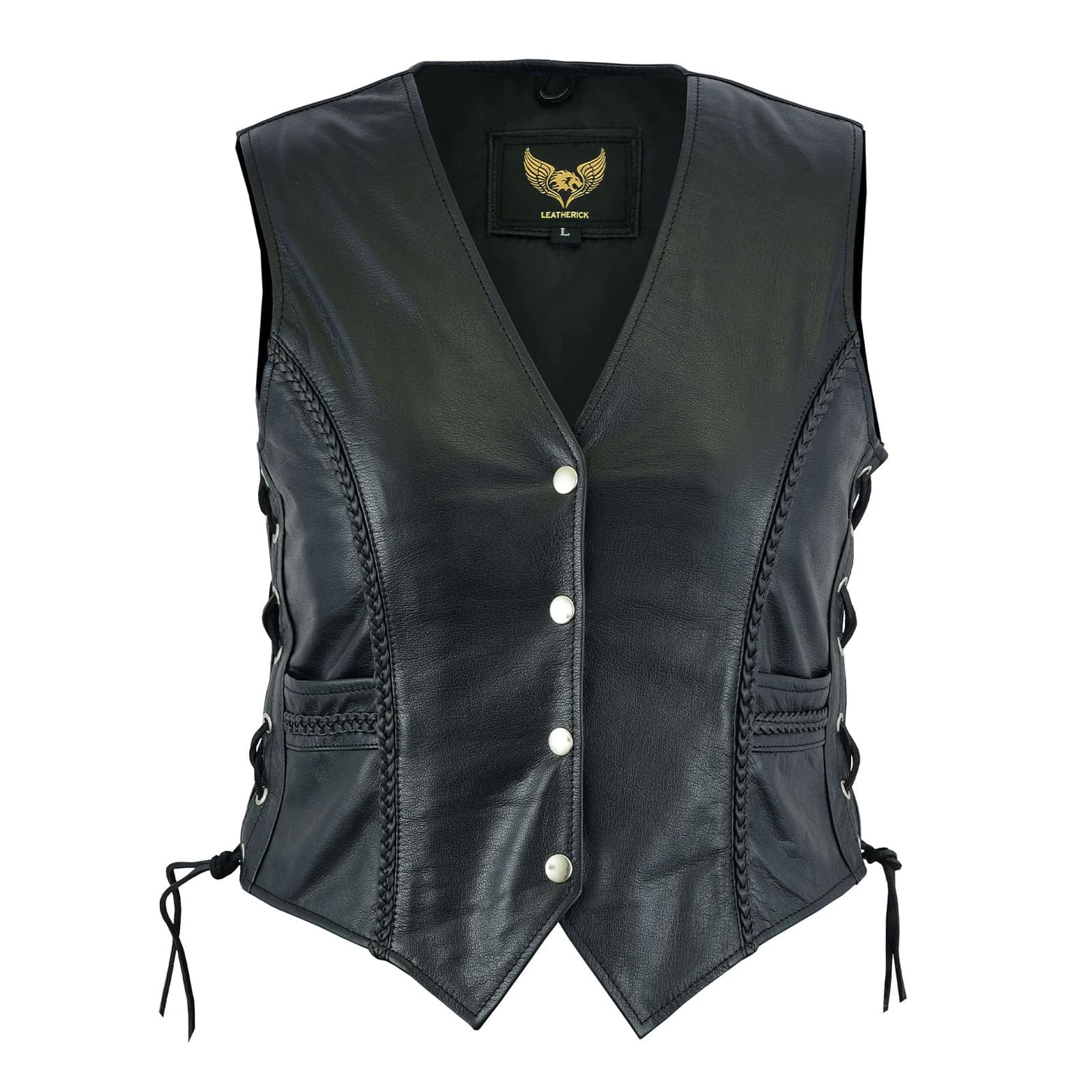 Front view of Ladies Braided Waistcoat with 4 brass chrome snaps and braided design waist pockets.