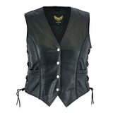 Front view of Ladies Braided Waistcoat with 4 brass chrome snaps and braided design waist pockets.