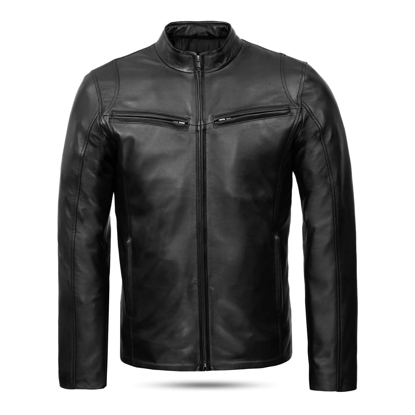 Black Hooper Men's Leather Jacket front with closed zip.