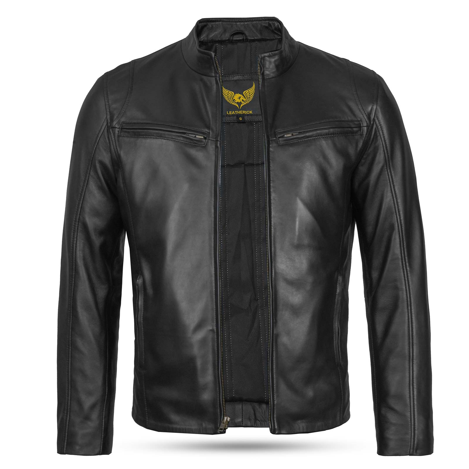 Black Hooper Men's Leather Jacket front with open zip.