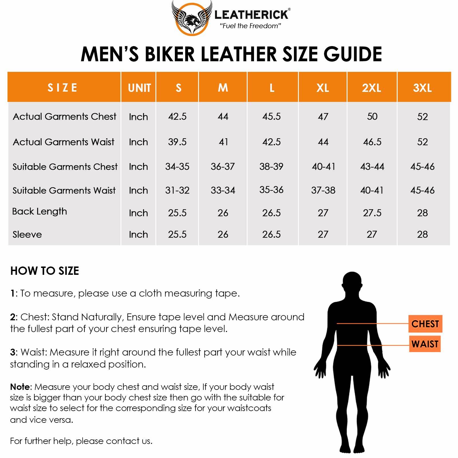 Size chart for Black Hooper Men's Leather Jacket.