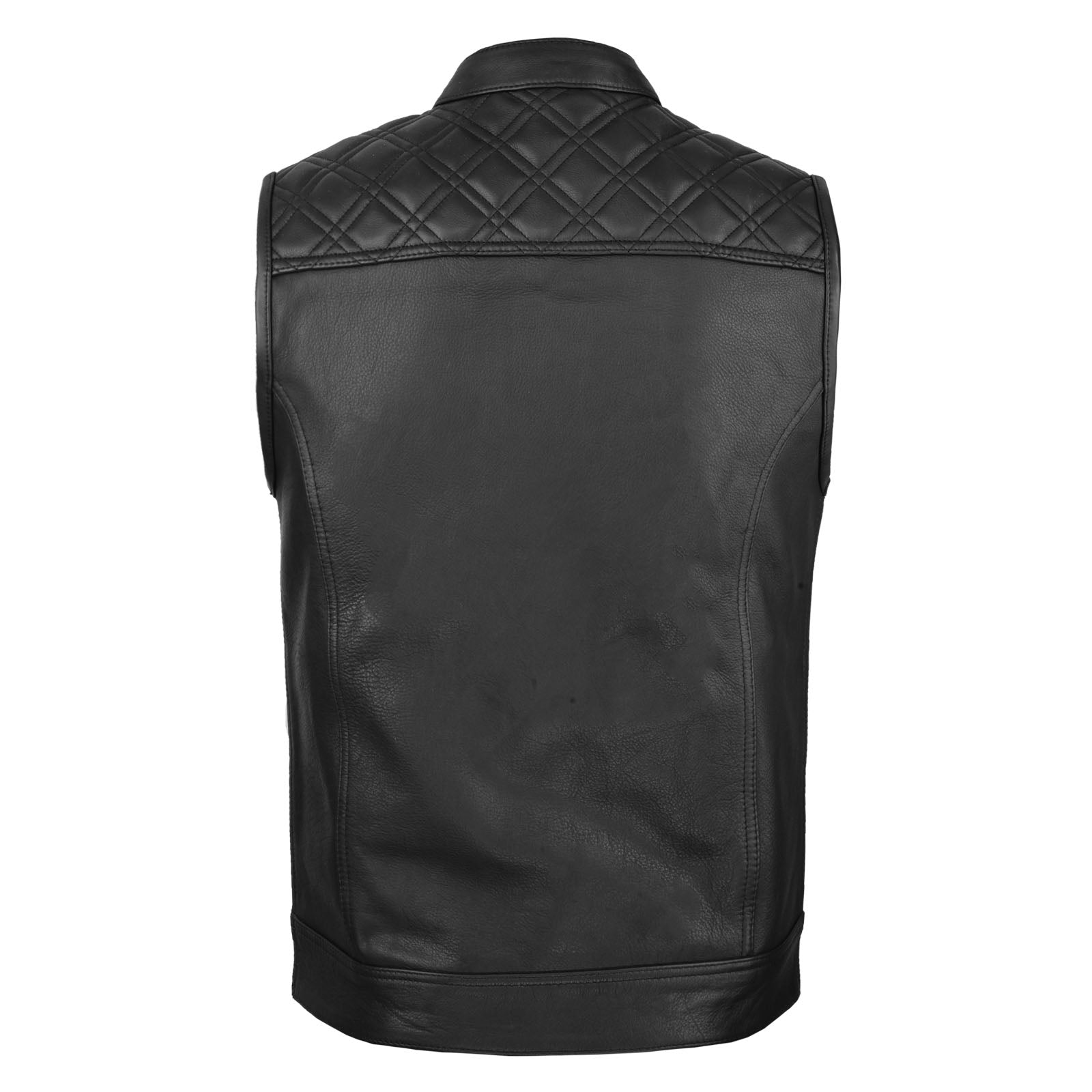 Back view of SOA Pre Black Diamond Leather Waistcoat with black diamond embroidery on the back yoke.