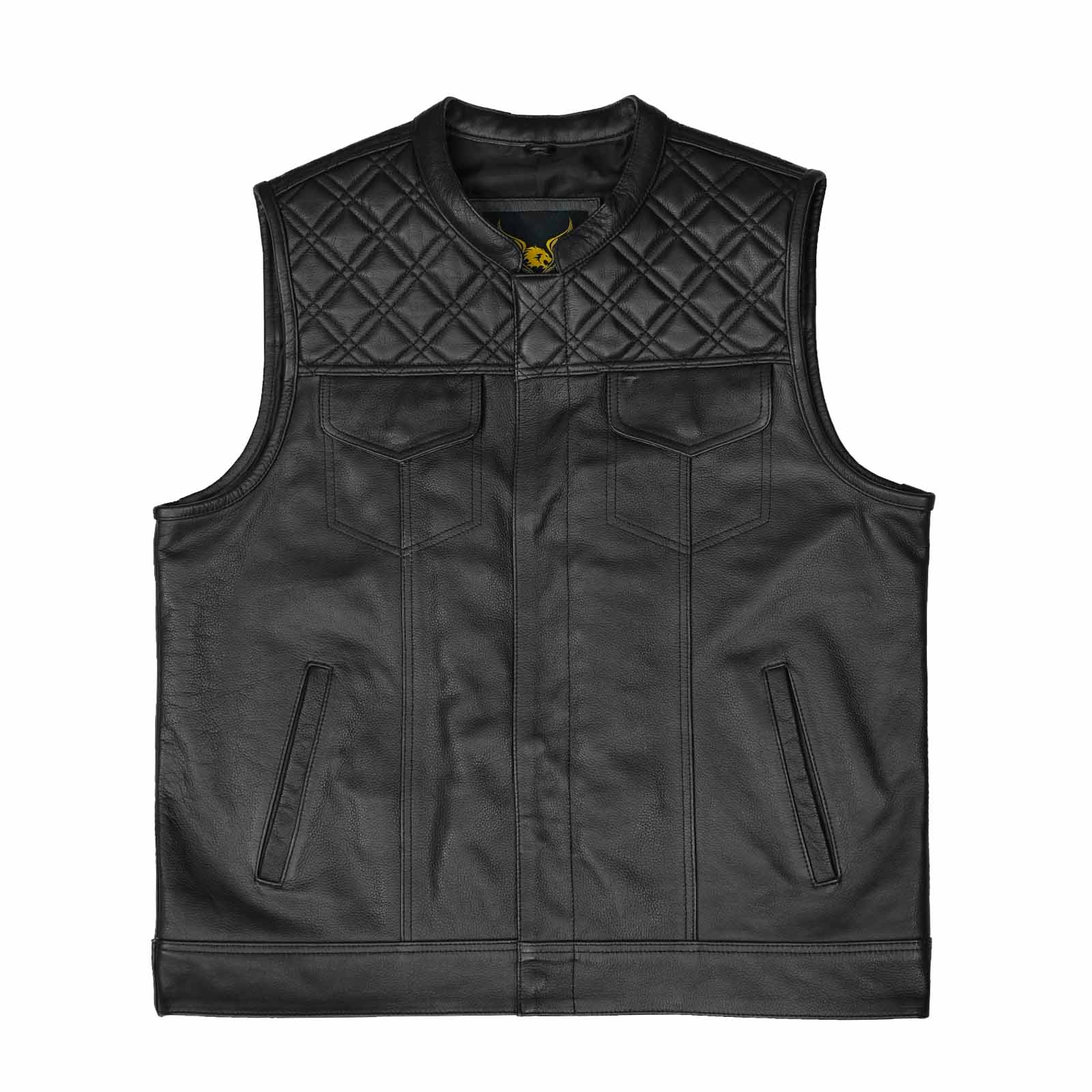 Men's SOA Pre Black Diamond Leather Waistcoat with embroidered black diamond patterns on the front yoke.