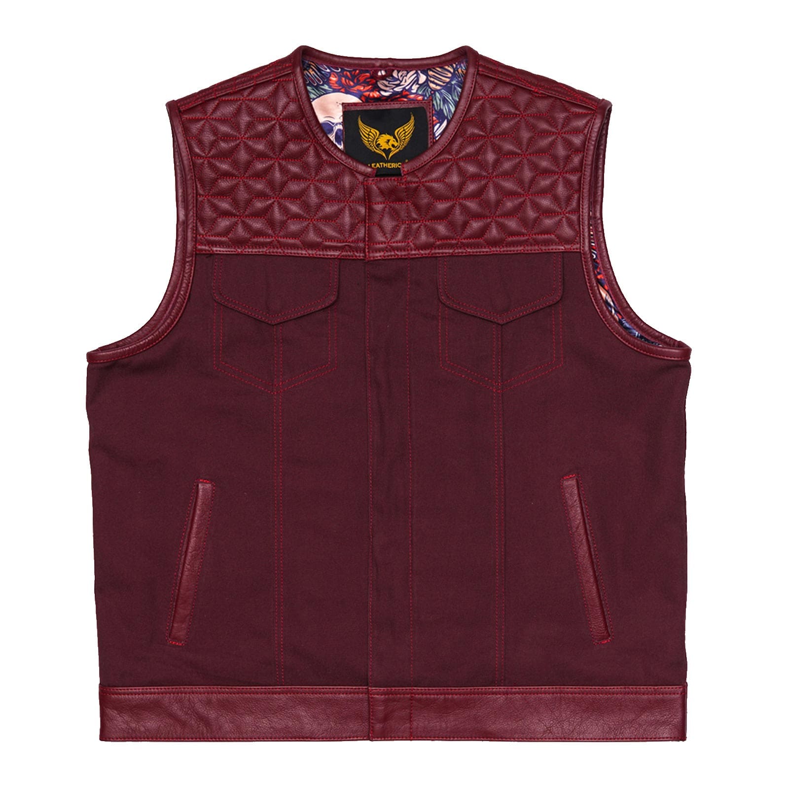Leatherick Hexa diamond stitch collarless biker vest