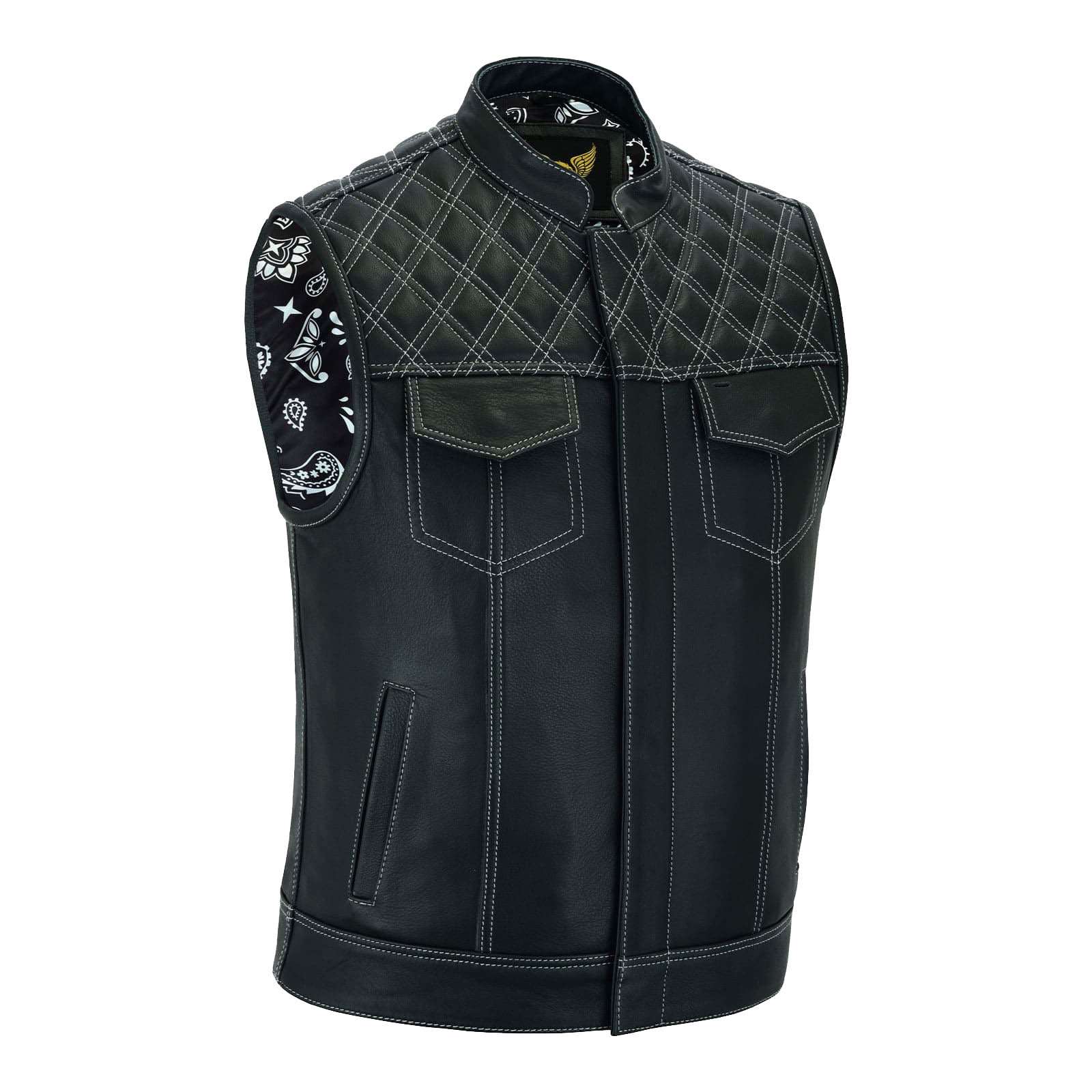 Front view of the SOA Pre White Diamond Waistcoat with white paisley pattern and brass snap closures.