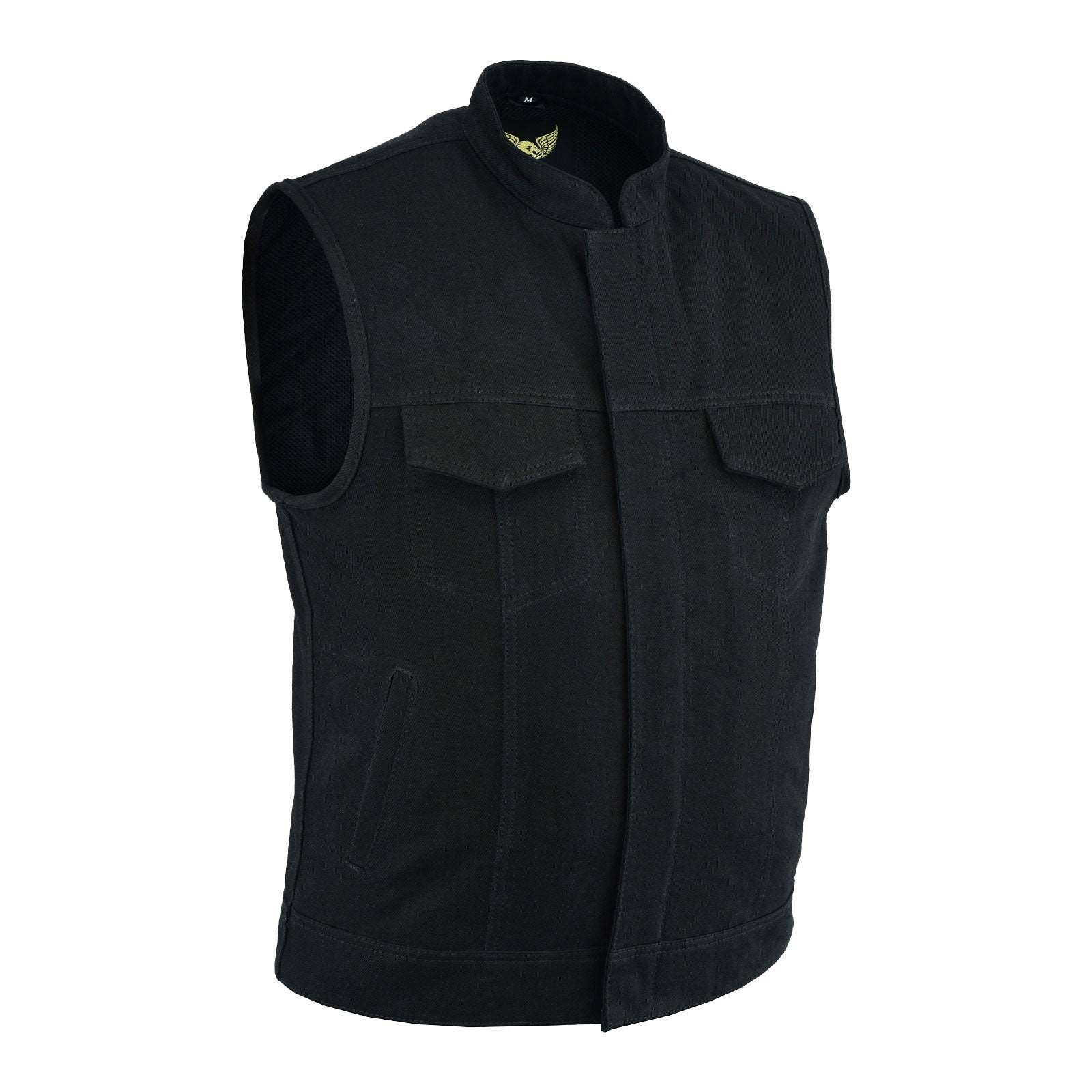 Front view of US SOA Denim 02 Waistcoat S with 4 brass snaps and chest pockets