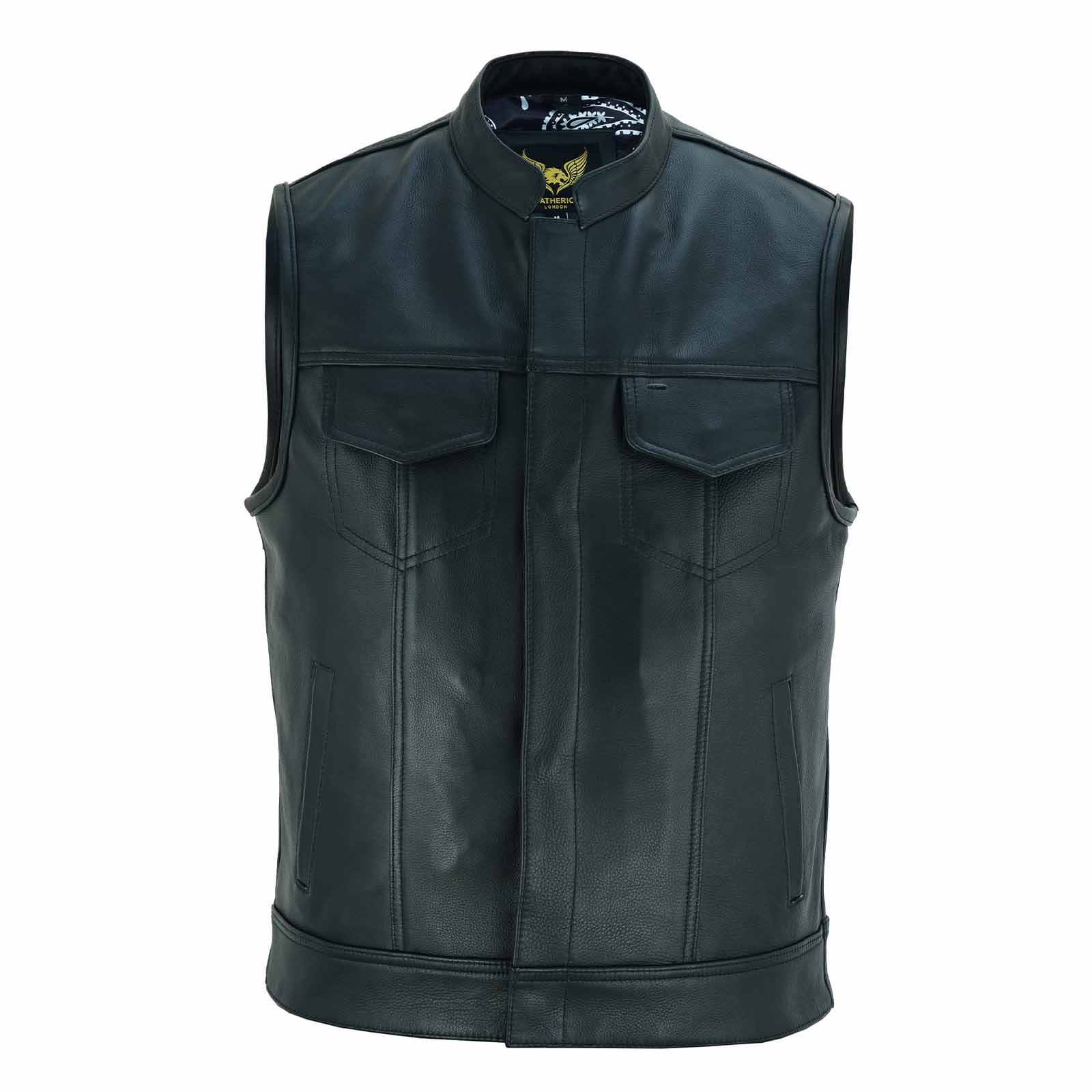 Front view of USA SOA7 Premium Waistcoat featuring brass snaps and black paisley inner lining