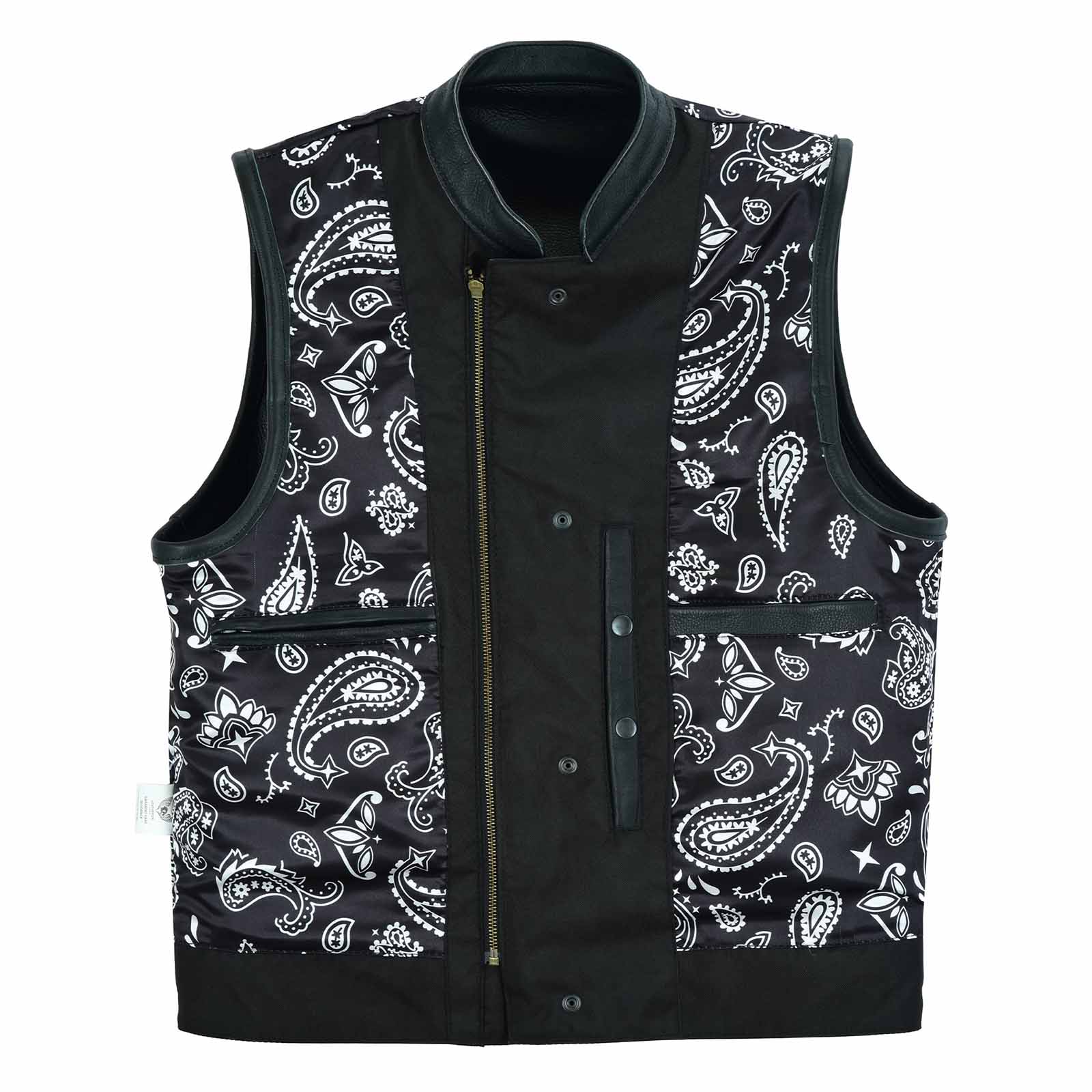 Inner view of USA SOA7 Premium Waistcoat with black satin polyester and white paisley print.