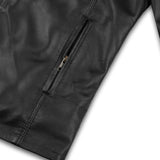 Side pockets with antique brass zippers on Black Hooper Men's Leather Jacket.