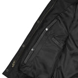Inside view of a black biker vest featuring a concealed carry pocket with snap buttons and a secure zipper closure