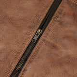 Close-up of the YKK zipper and detailed stitching on the cowhide leather jacket, showcasing premium craftsmanship