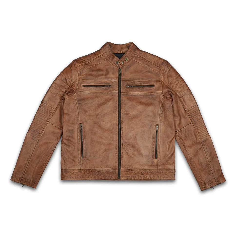 Front view of the cowhide leather jacket, showcasing YKK zippers, chest and waist pockets, and premium craftsmanship