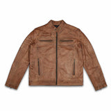 Front view of the cowhide leather jacket, showcasing YKK zippers, chest and waist pockets, and premium craftsmanship
