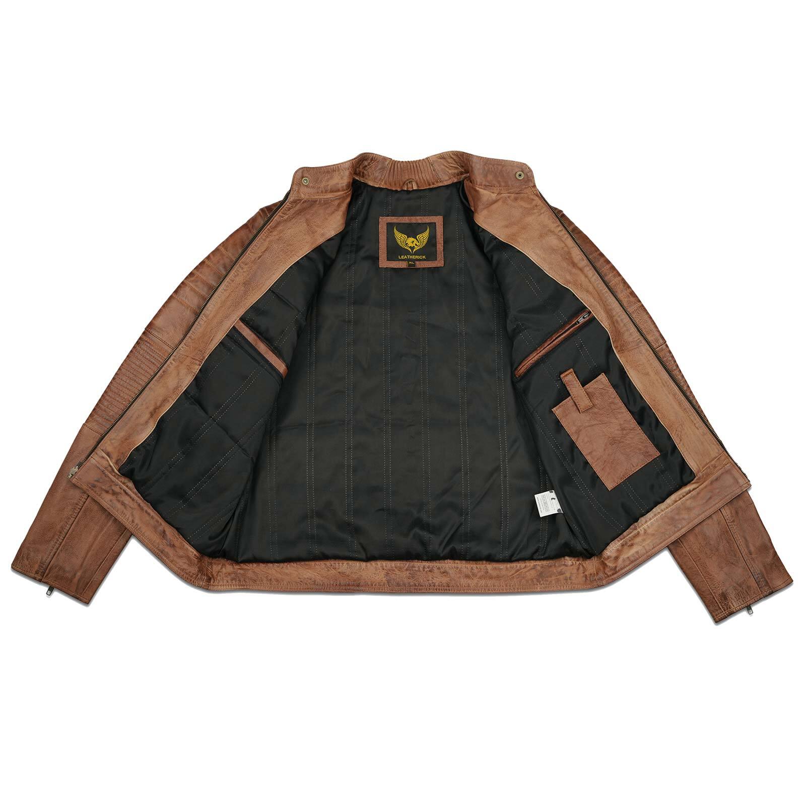 Interior view of the cowhide leather jacket, featuring thinsulate quilting, inner zippered pocket, and premium stitching details