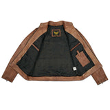 Interior view of the cowhide leather jacket, featuring thinsulate quilting, inner zippered pocket, and premium stitching details