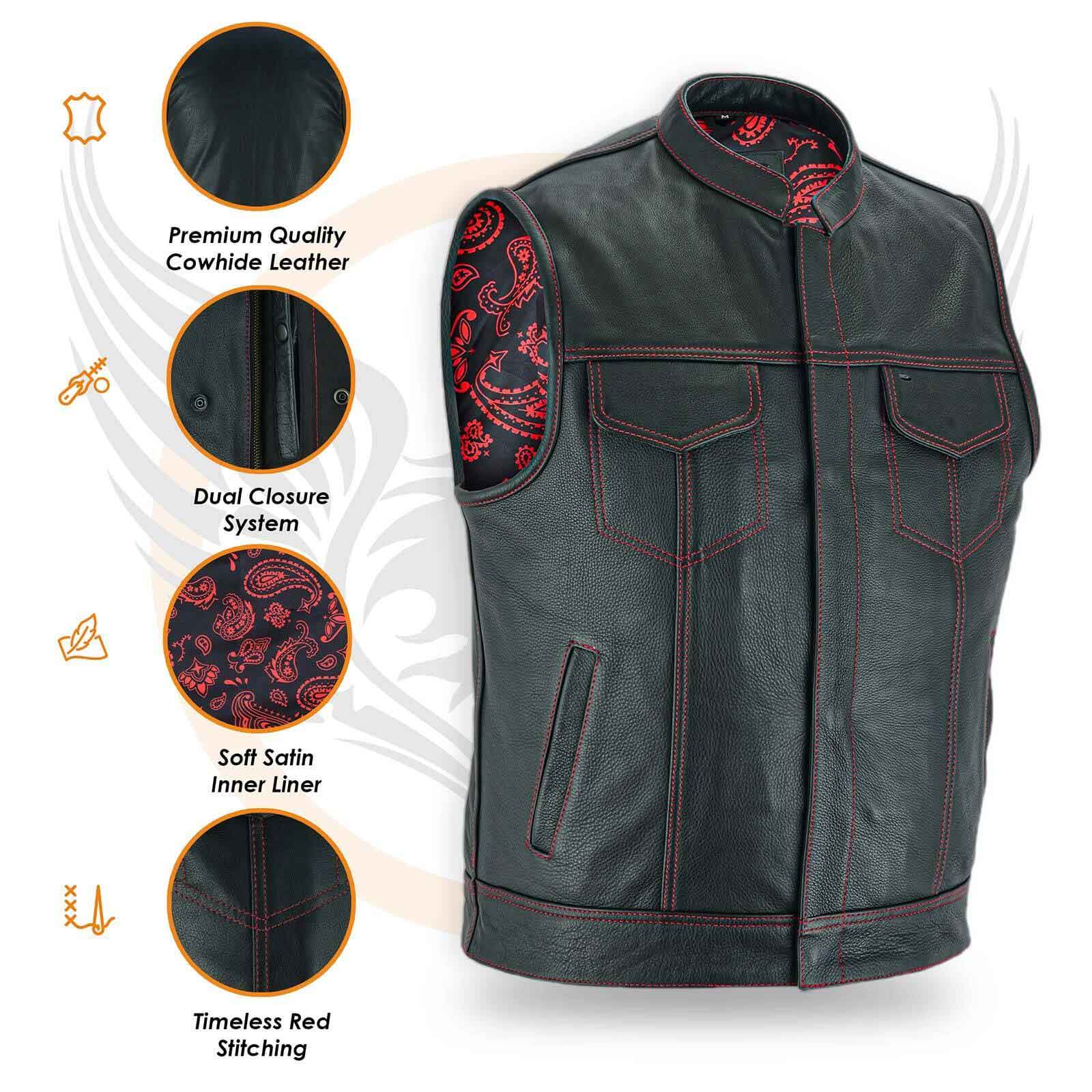 Leatherick SOA Red Stitch Vest with Red Satin Liner