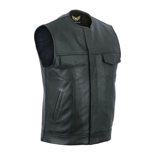 Leatherick Black Anarchy Club Leather Trim Denim Biker Waistcoat Vest With Deep Pockets S Black - View #4