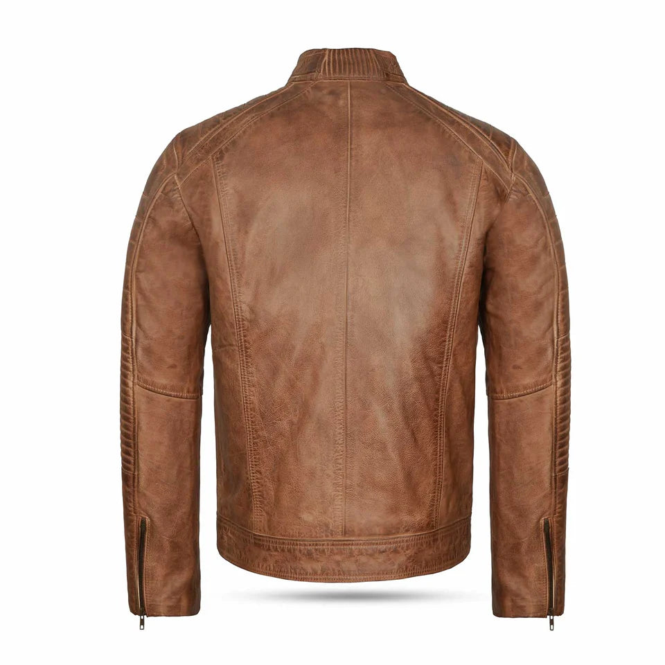  Back view of the cowhide leather jacket with quilted detailing and YKK zippers for a durable, stylish design