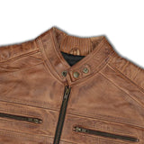 Close-up of the neckline and YKK zippers on the cowhide leather jacket, highlighting premium antique brass hardware and detailed stitching
