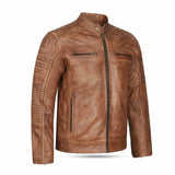 Men’s cowhide leather jacket with YKK zippers and antique brass hardware, offering a stylish and durable design