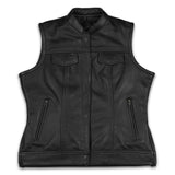 Women's black leather biker vest with concealed carry pockets and zippered hand pockets